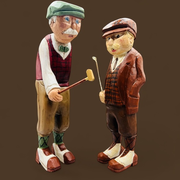 Vintage Standing Golf Figurines - Hand Carved And Signed By Artist - 9” Tall - Picture 8 of 10